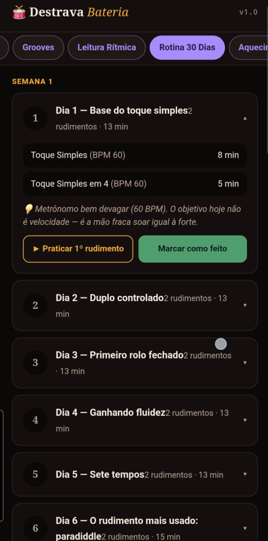 Tela da rotina guiada de 30 dias, com os treinos do dia 1 ao dia 6