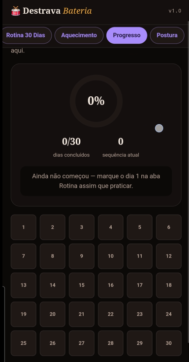 Tela de progresso mostrando dias concluídos e sequência atual