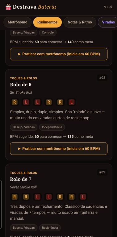 Tela do app mostrando a lista de rudimentos, como o Rolo de 6 e Rolo de 7