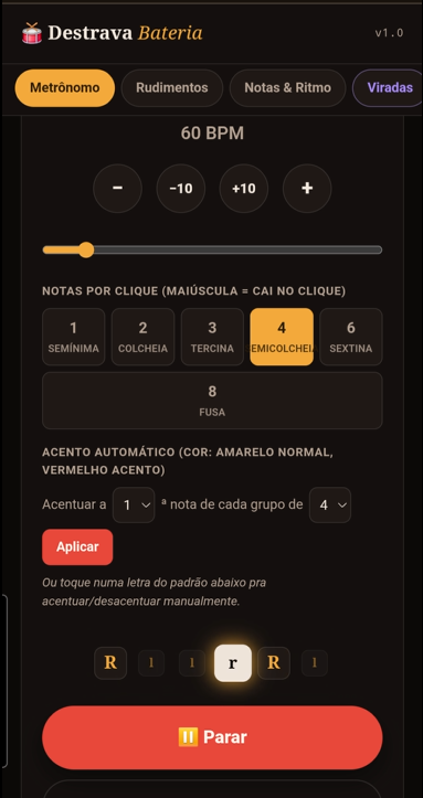 Tela do metrônomo integrado com BPM, subdivisão e acento automático